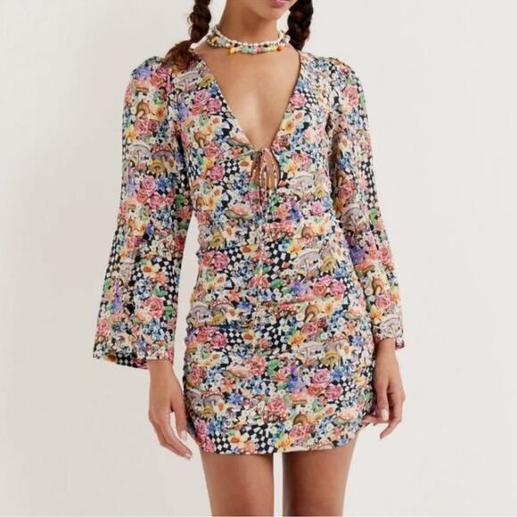 For Love & Lemons Womens June Bell Sleeve Black Checkerboard Mushroom Mini Dress - Picture 14 of 14